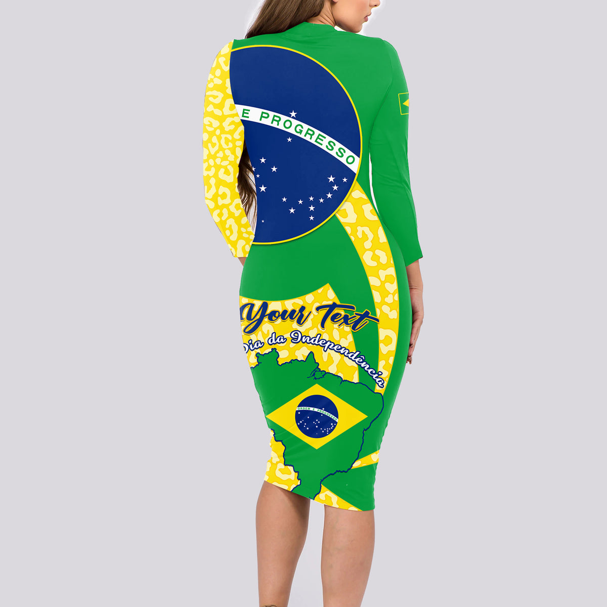 Personalised Brazil Independence Day Long Sleeve Bodycon Dress Sete de Setembro Flag Style - Wonder Print Shop