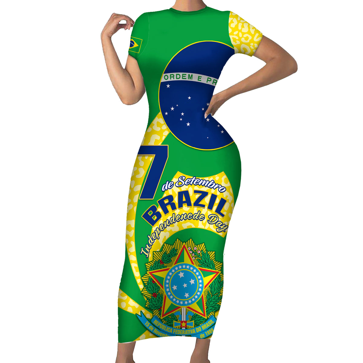 Personalised Brazil Independence Day Short Sleeve Bodycon Dress Sete de Setembro Flag Style - Wonder Print Shop
