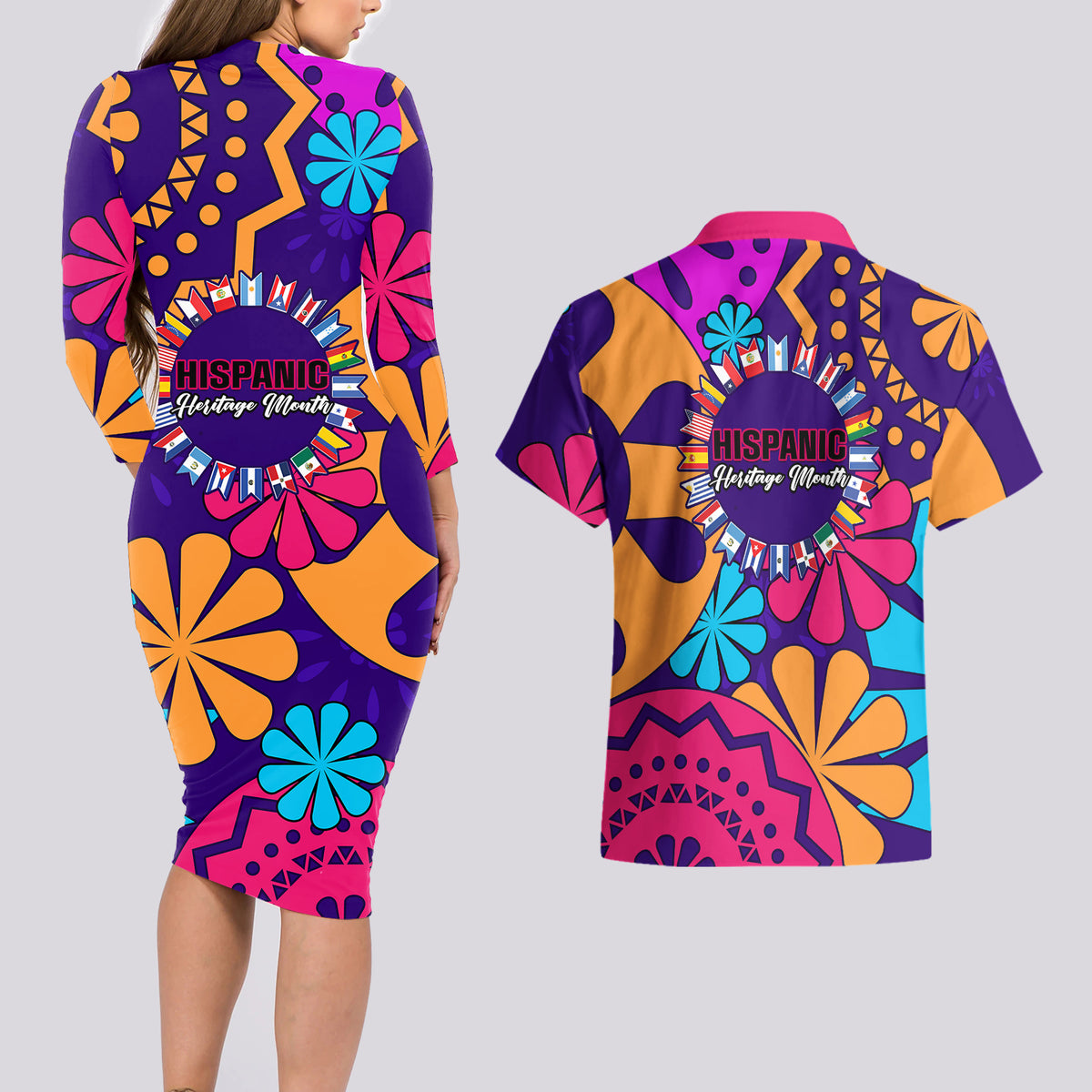 United States National Hispanic Heritage Month Couples Matching Long Sleeve Bodycon Dress and Hawaiian Shirt Mes Nacional de la Herencia Hispana Special Version - Wonder Print Shop