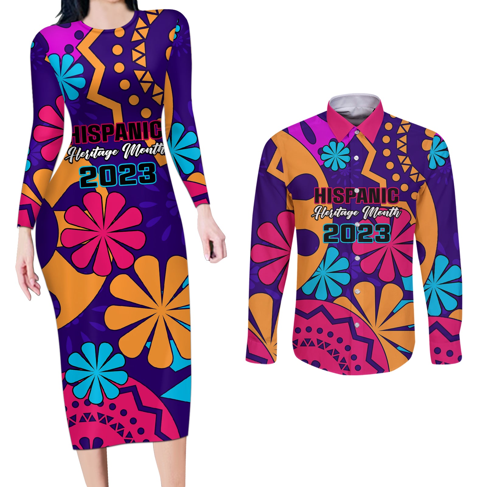United States National Hispanic Heritage Month Couples Matching Long Sleeve Bodycon Dress and Long Sleeve Button Shirts Mes Nacional de la Herencia Hispana Special Version - Wonder Print Shop