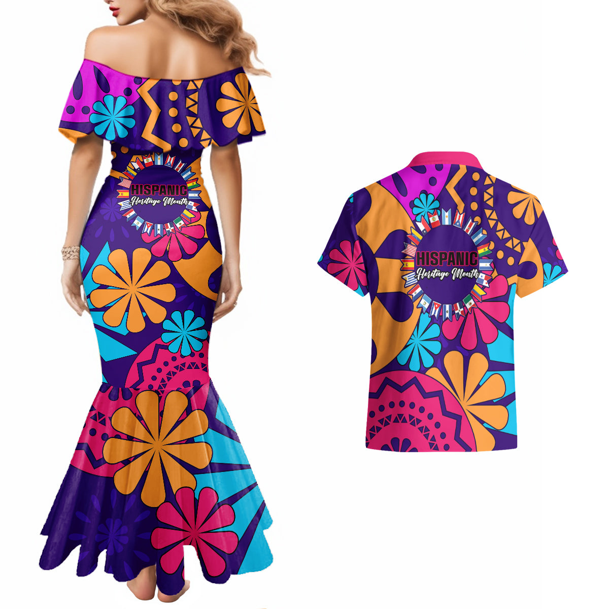 United States National Hispanic Heritage Month Couples Matching Mermaid Dress and Hawaiian Shirt Mes Nacional de la Herencia Hispana Special Version - Wonder Print Shop