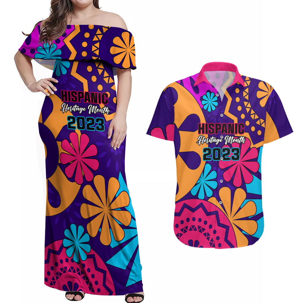 United States National Hispanic Heritage Month Couples Matching Off Shoulder Maxi Dress and Hawaiian Shirt Mes Nacional de la Herencia Hispana Special Version - Wonder Print Shop