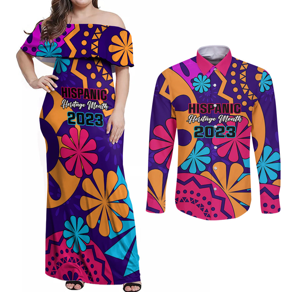 United States National Hispanic Heritage Month Couples Matching Off Shoulder Maxi Dress and Long Sleeve Button Shirts Mes Nacional de la Herencia Hispana Special Version - Wonder Print Shop