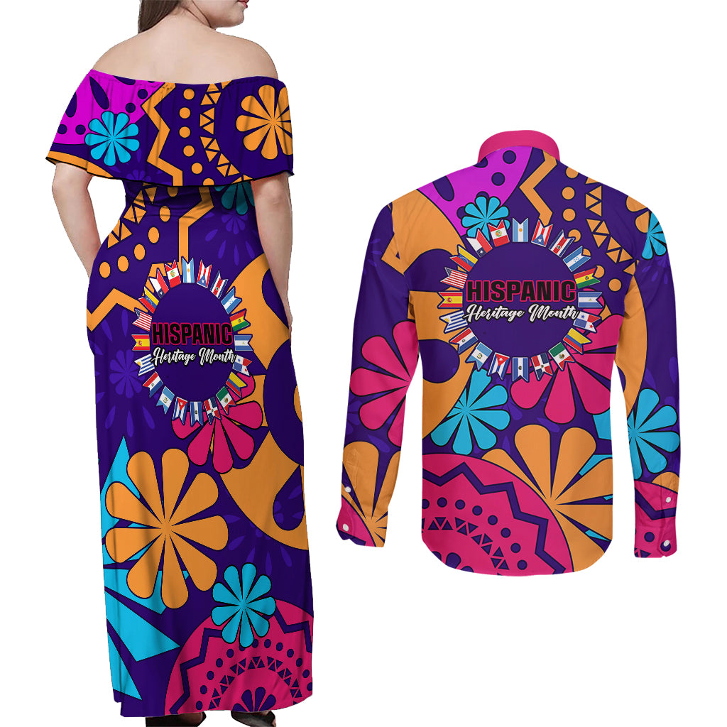 United States National Hispanic Heritage Month Couples Matching Off Shoulder Maxi Dress and Long Sleeve Button Shirts Mes Nacional de la Herencia Hispana Special Version - Wonder Print Shop