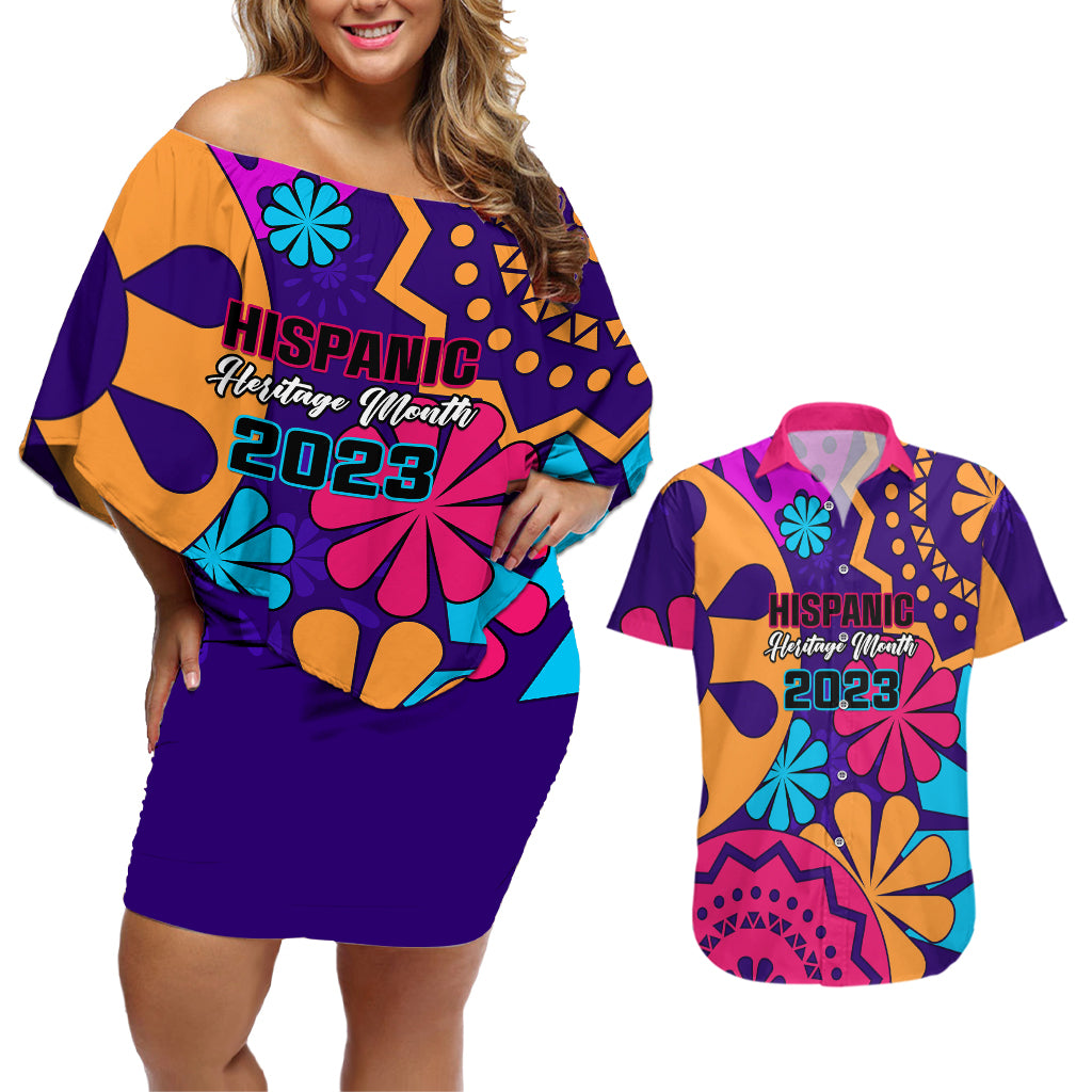 United States National Hispanic Heritage Month Couples Matching Off Shoulder Short Dress and Hawaiian Shirt Mes Nacional de la Herencia Hispana Special Version - Wonder Print Shop