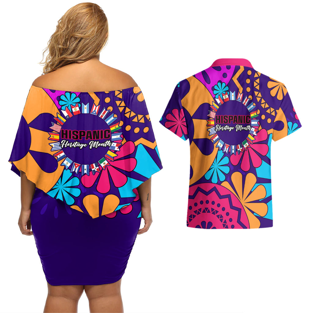 United States National Hispanic Heritage Month Couples Matching Off Shoulder Short Dress and Hawaiian Shirt Mes Nacional de la Herencia Hispana Special Version - Wonder Print Shop