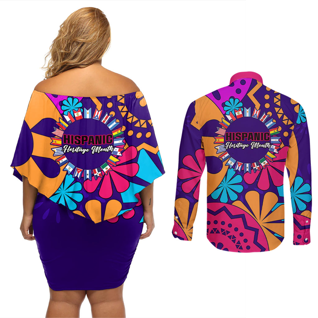 United States National Hispanic Heritage Month Couples Matching Off Shoulder Short Dress and Long Sleeve Button Shirts Mes Nacional de la Herencia Hispana Special Version - Wonder Print Shop