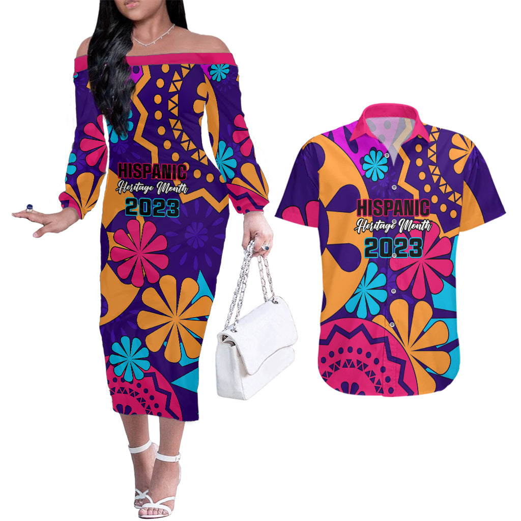 United States National Hispanic Heritage Month Couples Matching Off The Shoulder Long Sleeve Dress and Hawaiian Shirt Mes Nacional de la Herencia Hispana Special Version - Wonder Print Shop