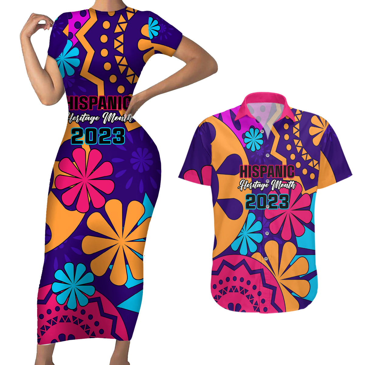 United States National Hispanic Heritage Month Couples Matching Short Sleeve Bodycon Dress and Hawaiian Shirt Mes Nacional de la Herencia Hispana Special Version - Wonder Print Shop