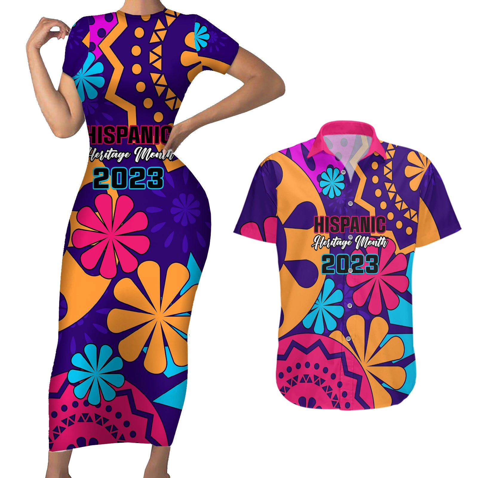 United States National Hispanic Heritage Month Couples Matching Short Sleeve Bodycon Dress and Hawaiian Shirt Mes Nacional de la Herencia Hispana Special Version - Wonder Print Shop