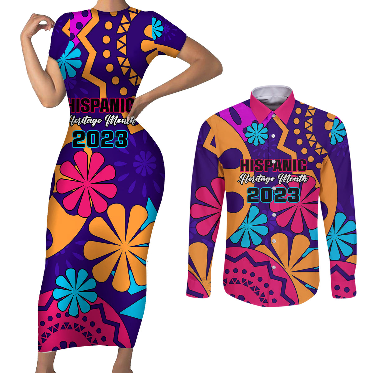 United States National Hispanic Heritage Month Couples Matching Short Sleeve Bodycon Dress and Long Sleeve Button Shirts Mes Nacional de la Herencia Hispana Special Version - Wonder Print Shop