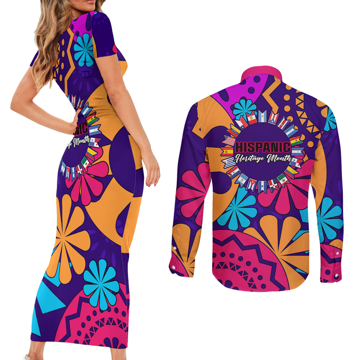 United States National Hispanic Heritage Month Couples Matching Short Sleeve Bodycon Dress and Long Sleeve Button Shirts Mes Nacional de la Herencia Hispana Special Version - Wonder Print Shop