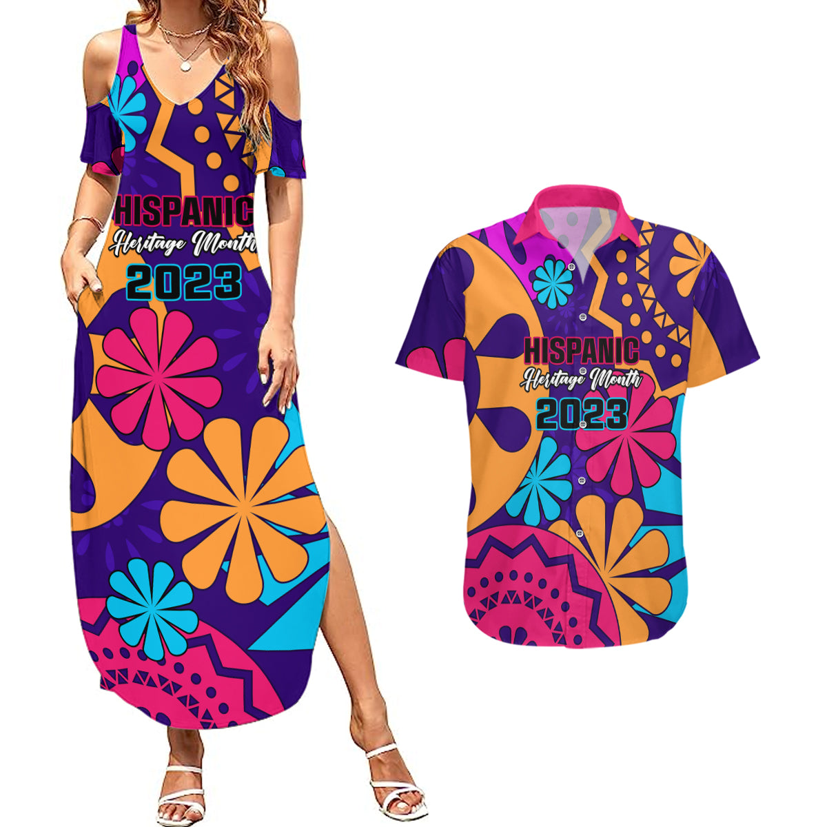 United States National Hispanic Heritage Month Couples Matching Summer Maxi Dress and Hawaiian Shirt Mes Nacional de la Herencia Hispana Special Version - Wonder Print Shop