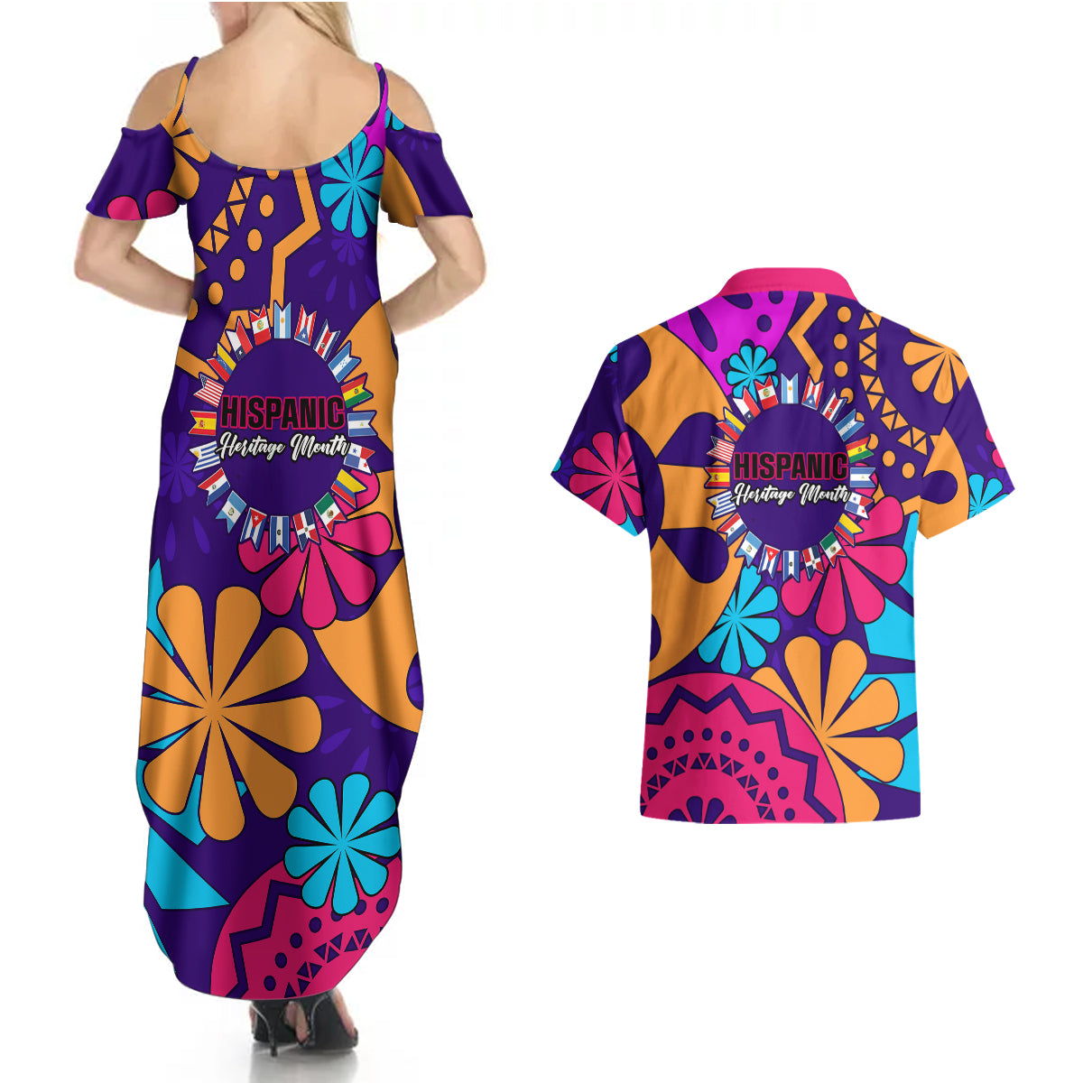 United States National Hispanic Heritage Month Couples Matching Summer Maxi Dress and Hawaiian Shirt Mes Nacional de la Herencia Hispana Special Version - Wonder Print Shop