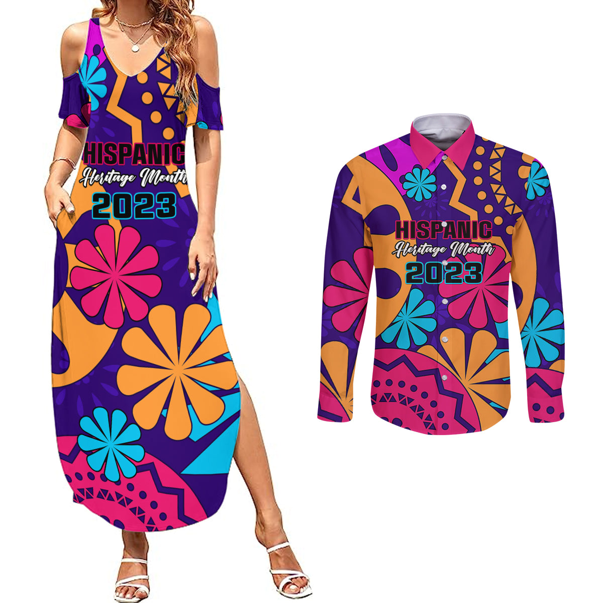United States National Hispanic Heritage Month Couples Matching Summer Maxi Dress and Long Sleeve Button Shirts Mes Nacional de la Herencia Hispana Special Version - Wonder Print Shop