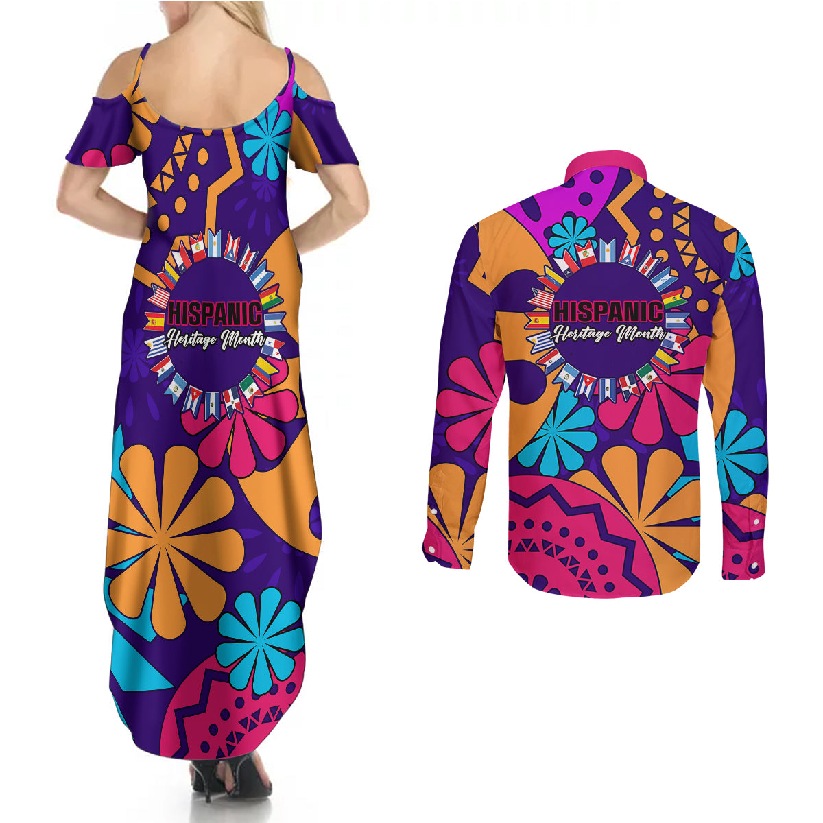 United States National Hispanic Heritage Month Couples Matching Summer Maxi Dress and Long Sleeve Button Shirts Mes Nacional de la Herencia Hispana Special Version - Wonder Print Shop