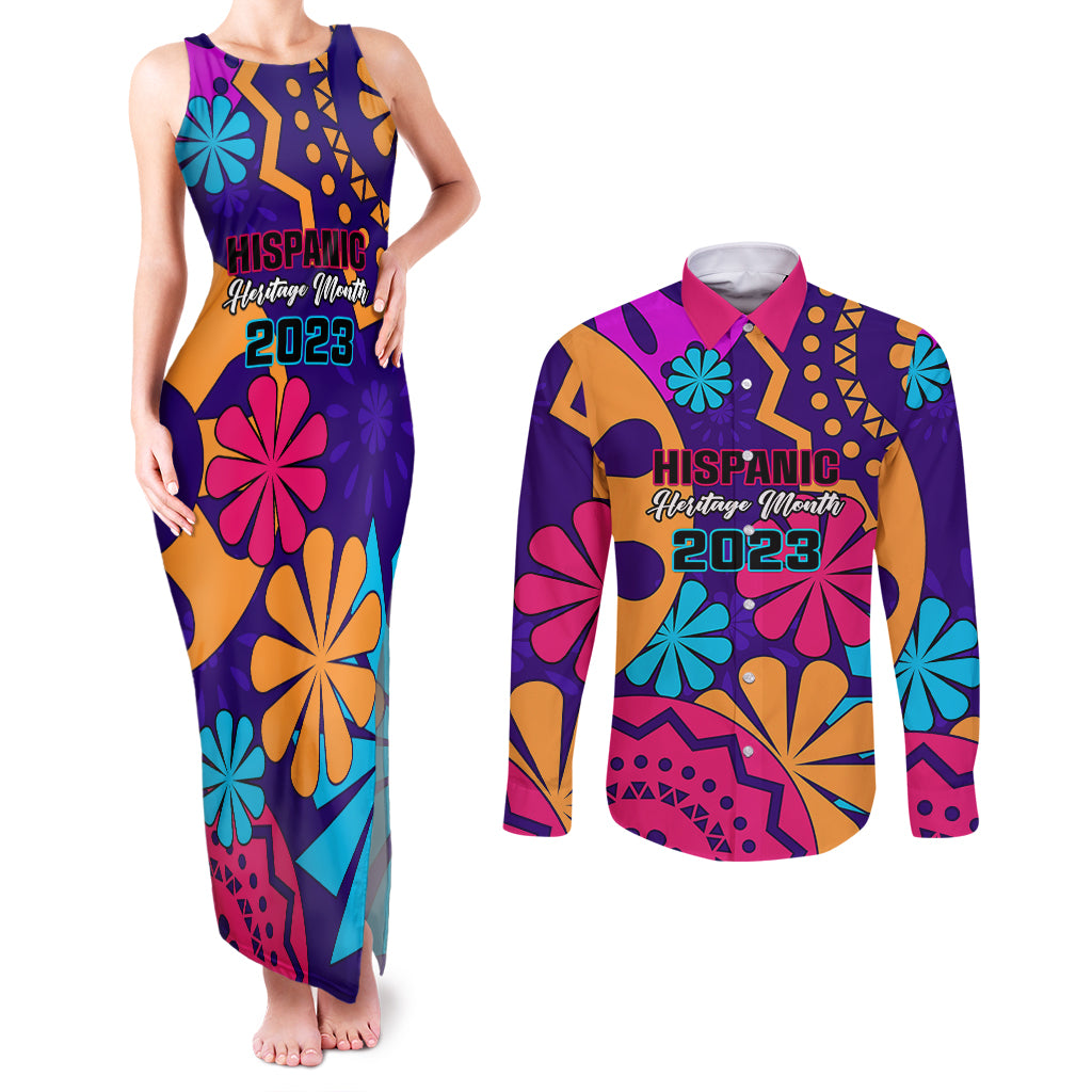 United States National Hispanic Heritage Month Couples Matching Tank Maxi Dress and Long Sleeve Button Shirts Mes Nacional de la Herencia Hispana Special Version - Wonder Print Shop