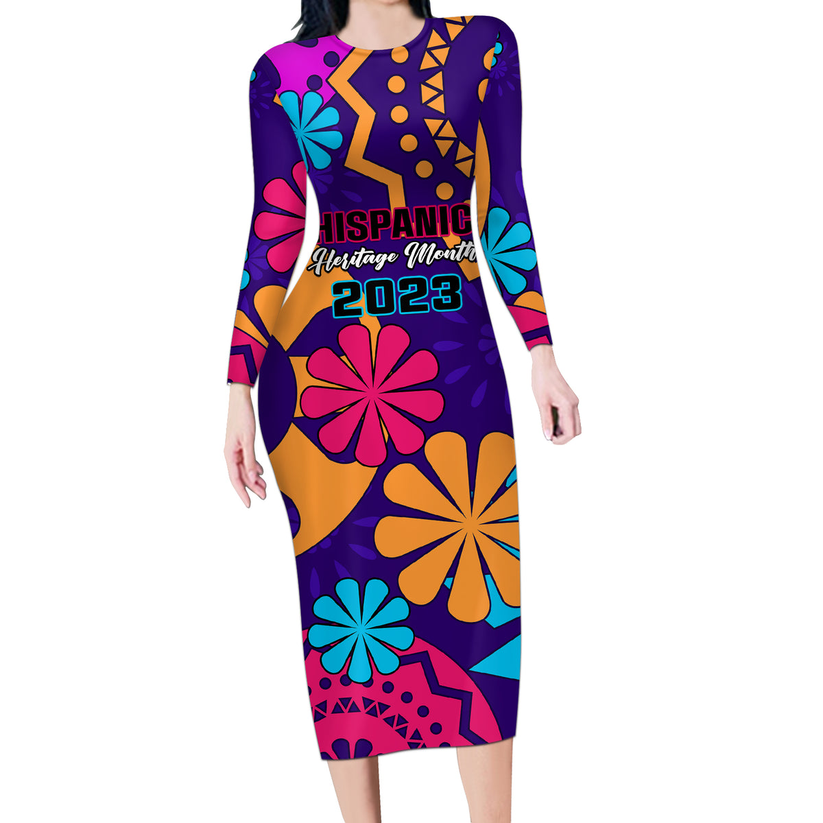 United States National Hispanic Heritage Month Long Sleeve Bodycon Dress Mes Nacional de la Herencia Hispana Special Version - Wonder Print Shop