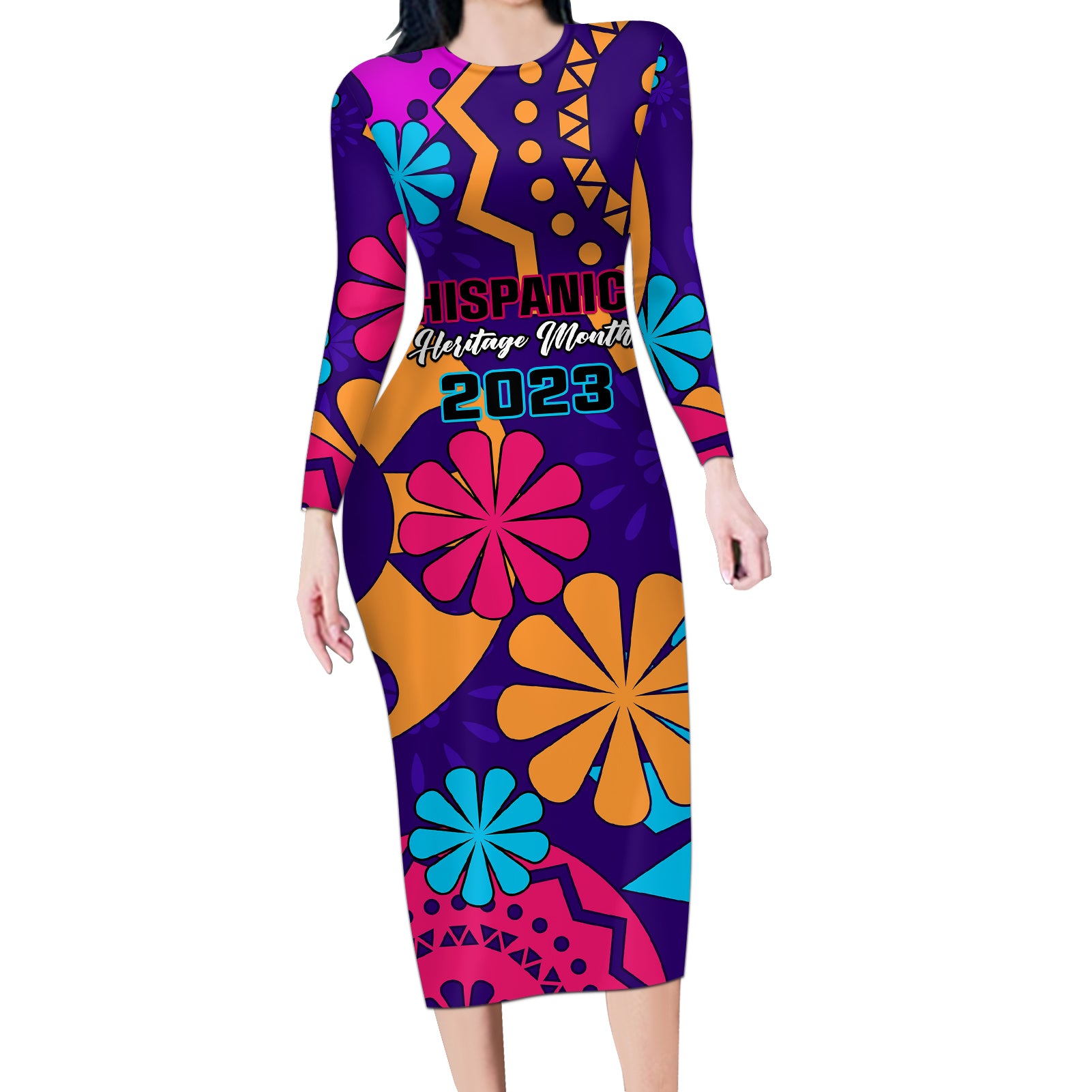 United States National Hispanic Heritage Month Long Sleeve Bodycon Dress Mes Nacional de la Herencia Hispana Special Version - Wonder Print Shop