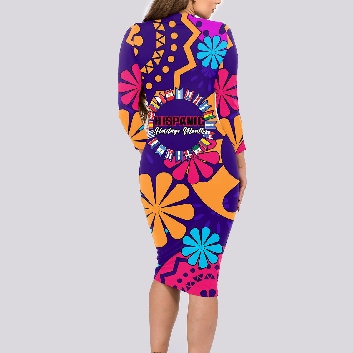 United States National Hispanic Heritage Month Long Sleeve Bodycon Dress Mes Nacional de la Herencia Hispana Special Version - Wonder Print Shop