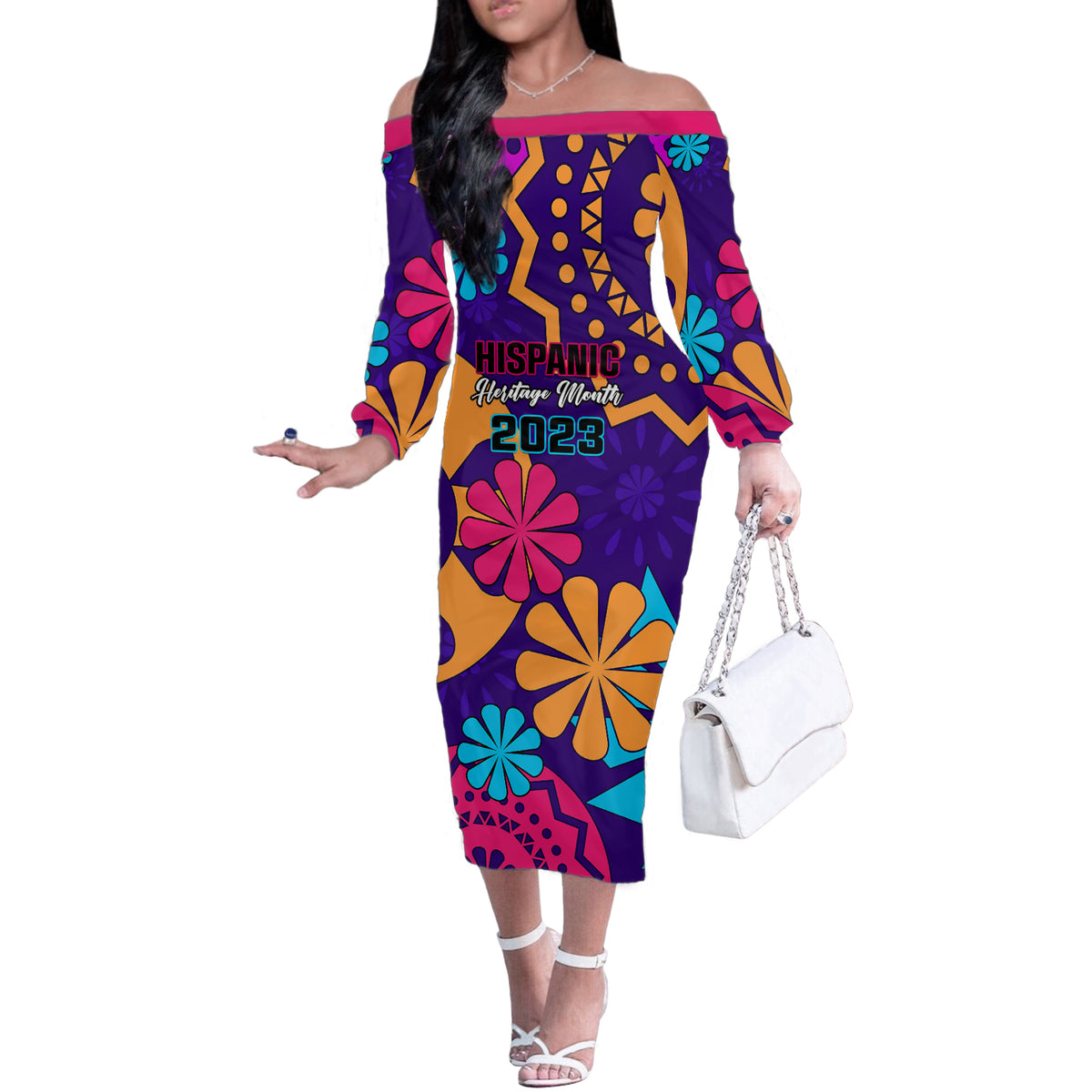 United States National Hispanic Heritage Month Off The Shoulder Long Sleeve Dress Mes Nacional de la Herencia Hispana Special Version - Wonder Print Shop