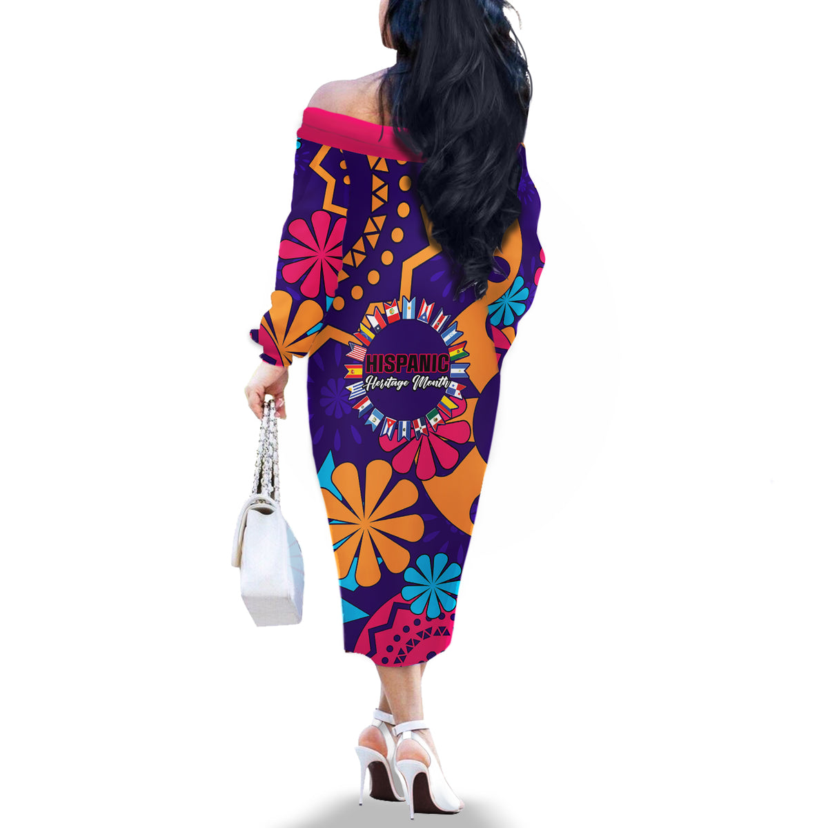United States National Hispanic Heritage Month Off The Shoulder Long Sleeve Dress Mes Nacional de la Herencia Hispana Special Version - Wonder Print Shop