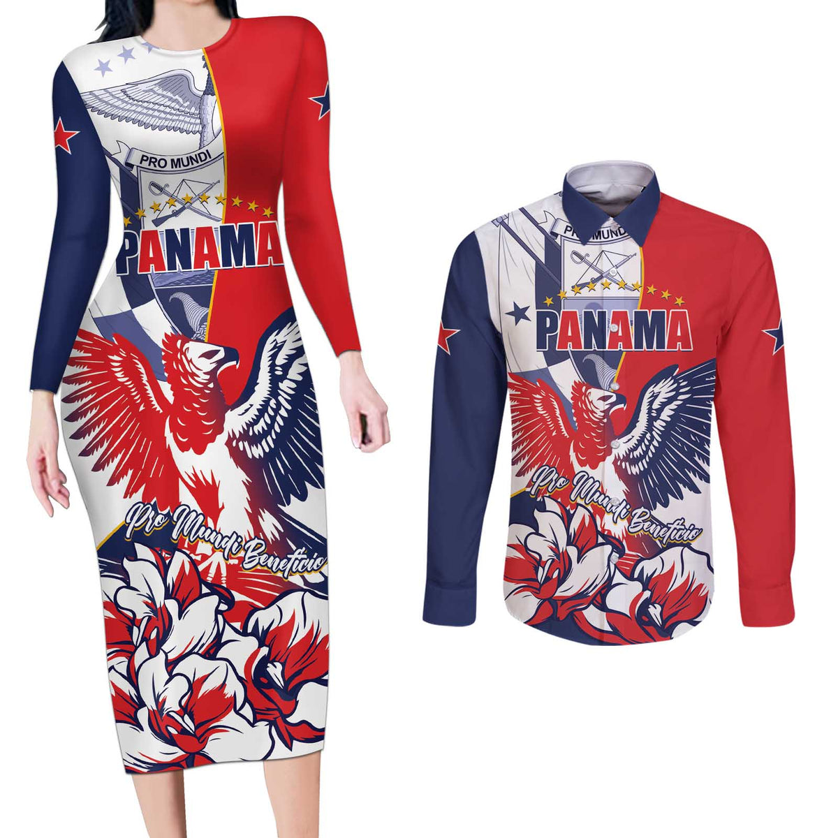 Personalized Panama Harpy Eagle Couples Matching Long Sleeve Bodycon Dress and Long Sleeve Button Shirt Pro Mundi Beneficio Flor del Espiritu Santo - Wonder Print Shop