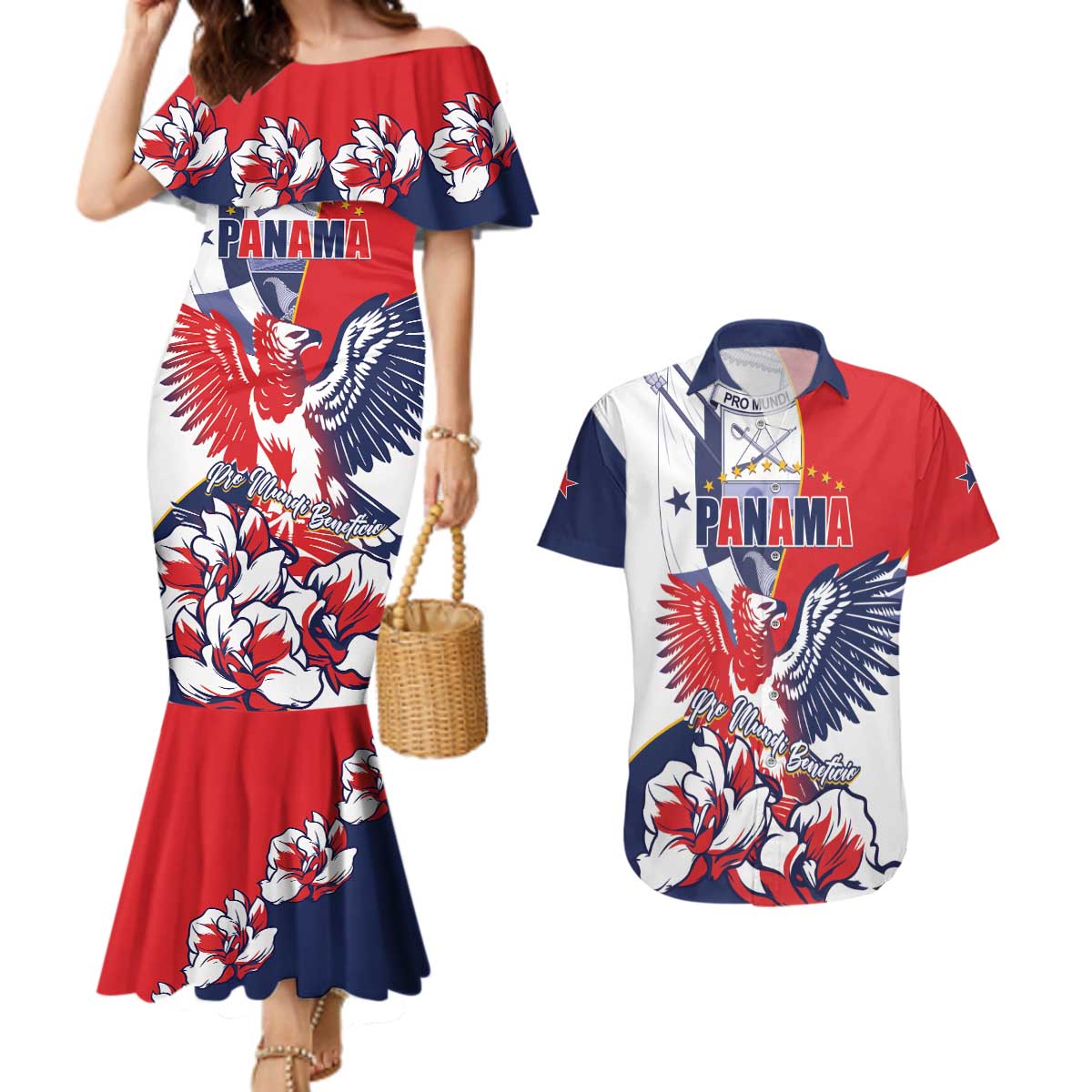 Personalized Panama Harpy Eagle Couples Matching Mermaid Dress and Hawaiian Shirt Pro Mundi Beneficio Flor del Espiritu Santo - Wonder Print Shop