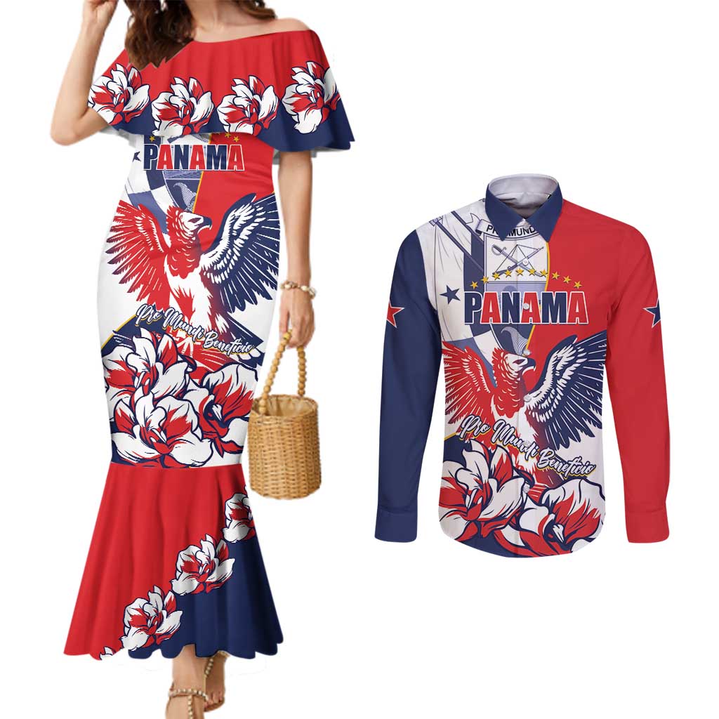 Personalized Panama Harpy Eagle Couples Matching Mermaid Dress and Long Sleeve Button Shirt Pro Mundi Beneficio Flor del Espiritu Santo