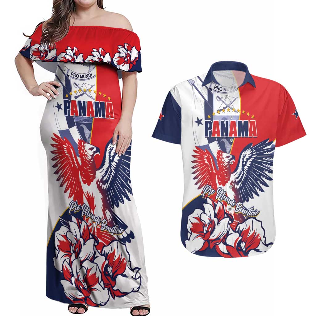 Personalized Panama Harpy Eagle Couples Matching Off Shoulder Maxi Dress and Hawaiian Shirt Pro Mundi Beneficio Flor del Espiritu Santo - Wonder Print Shop