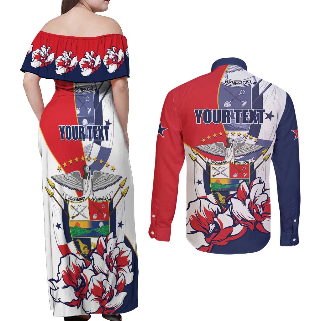 Personalized Panama Harpy Eagle Couples Matching Off Shoulder Maxi Dress and Long Sleeve Button Shirt Pro Mundi Beneficio Flor del Espiritu Santo - Wonder Print Shop