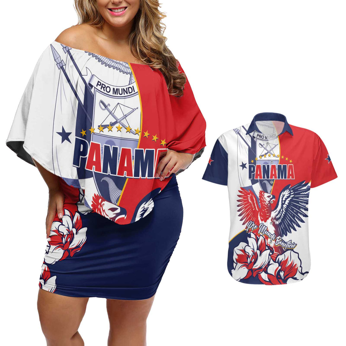 Personalized Panama Harpy Eagle Couples Matching Off Shoulder Short Dress and Hawaiian Shirt Pro Mundi Beneficio Flor del Espiritu Santo - Wonder Print Shop