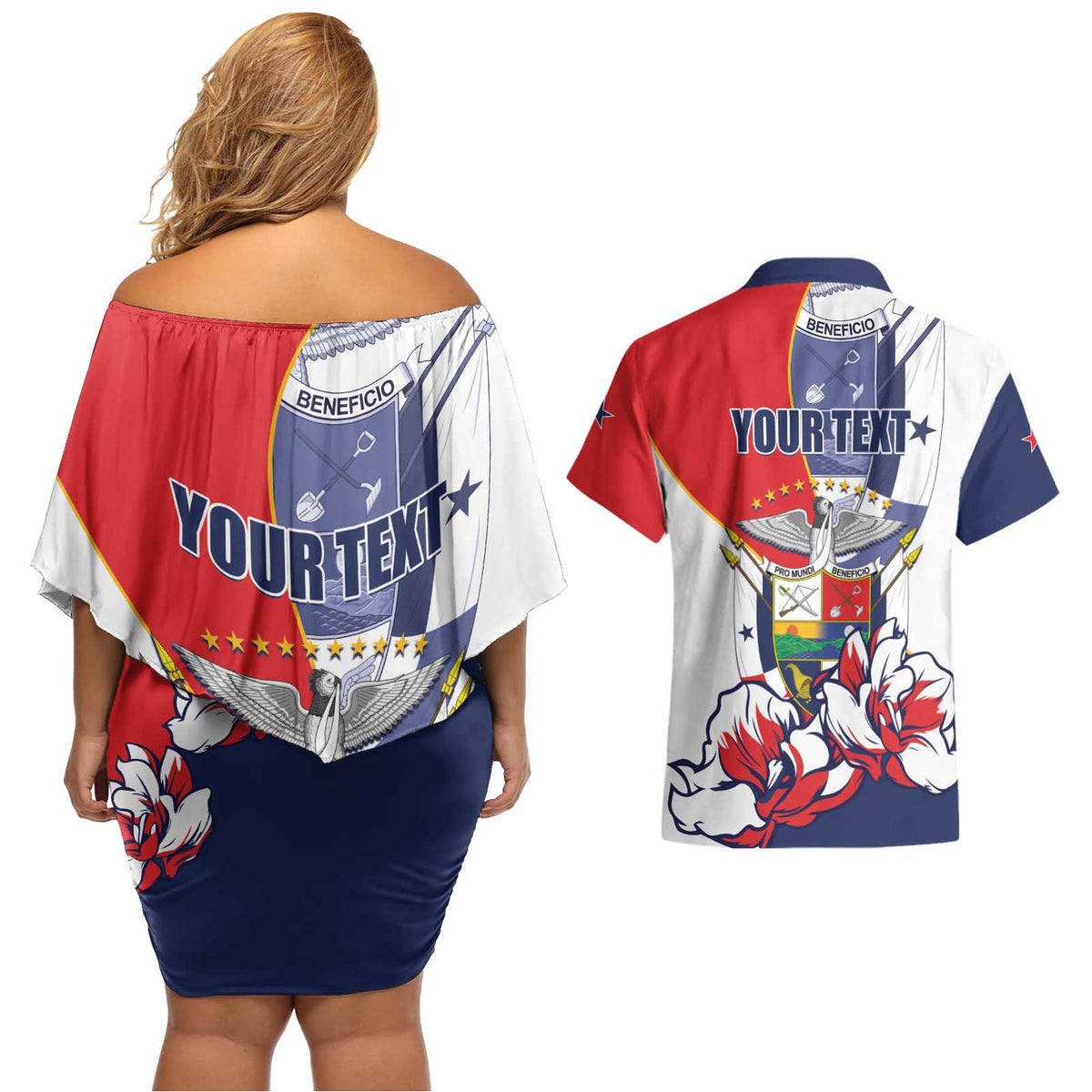 Personalized Panama Harpy Eagle Couples Matching Off Shoulder Short Dress and Hawaiian Shirt Pro Mundi Beneficio Flor del Espiritu Santo - Wonder Print Shop