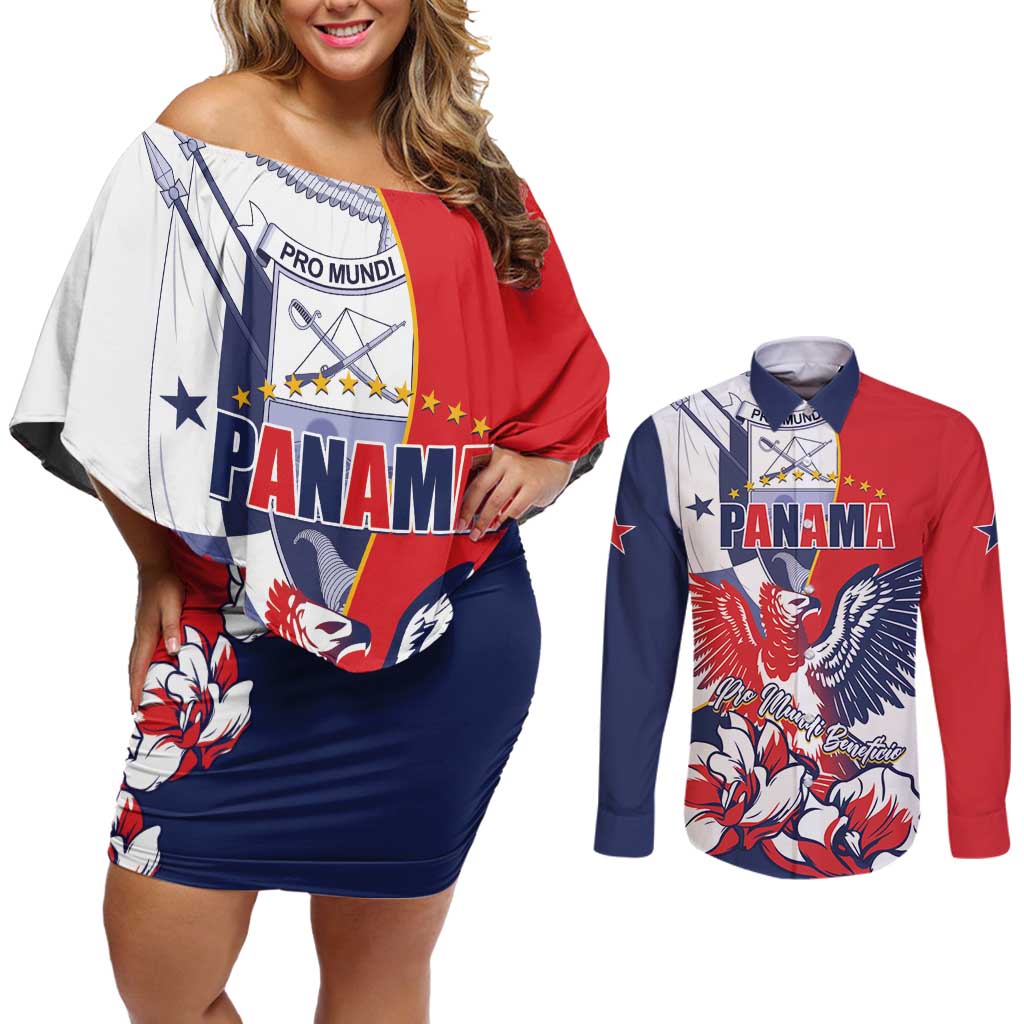 Personalized Panama Harpy Eagle Couples Matching Off Shoulder Short Dress and Long Sleeve Button Shirt Pro Mundi Beneficio Flor del Espiritu Santo - Wonder Print Shop