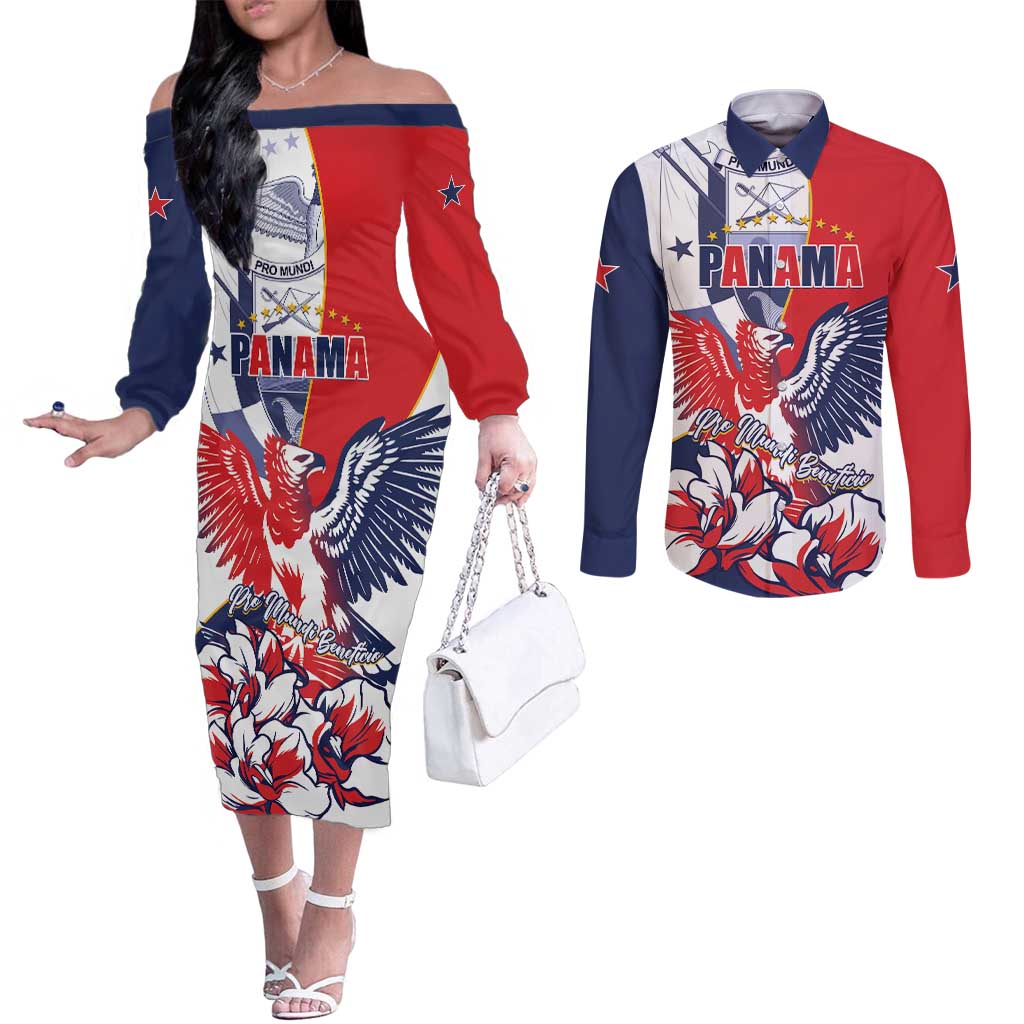 Personalized Panama Harpy Eagle Couples Matching Off The Shoulder Long Sleeve Dress and Long Sleeve Button Shirt Pro Mundi Beneficio Flor del Espiritu Santo