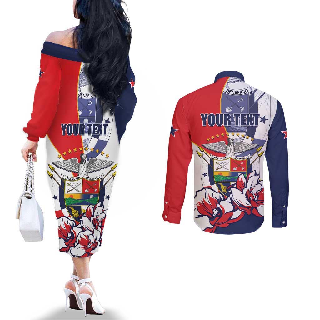 Personalized Panama Harpy Eagle Couples Matching Off The Shoulder Long Sleeve Dress and Long Sleeve Button Shirt Pro Mundi Beneficio Flor del Espiritu Santo