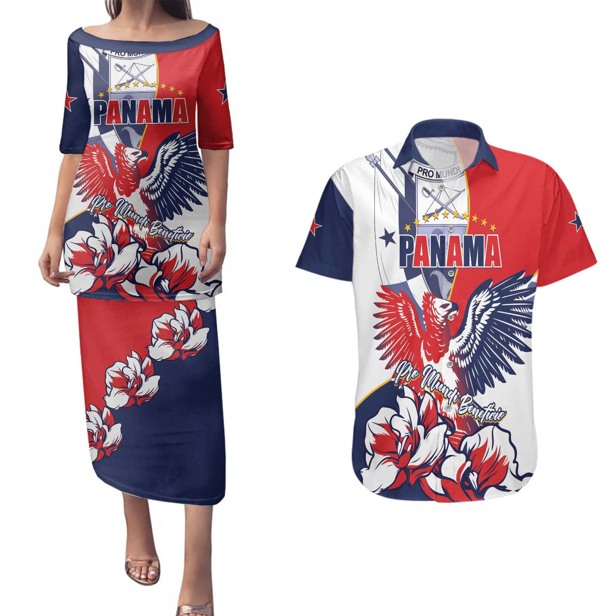 Personalized Panama Harpy Eagle Couples Matching Puletasi and Hawaiian Shirt Pro Mundi Beneficio Flor del Espiritu Santo - Wonder Print Shop