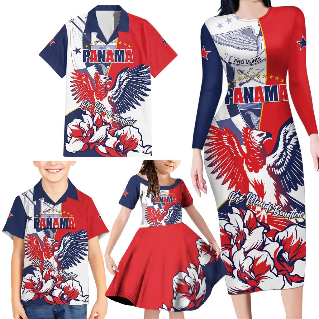 Personalized Panama Harpy Eagle Family Matching Long Sleeve Bodycon Dress and Hawaiian Shirt Pro Mundi Beneficio Flor del Espiritu Santo - Wonder Print Shop