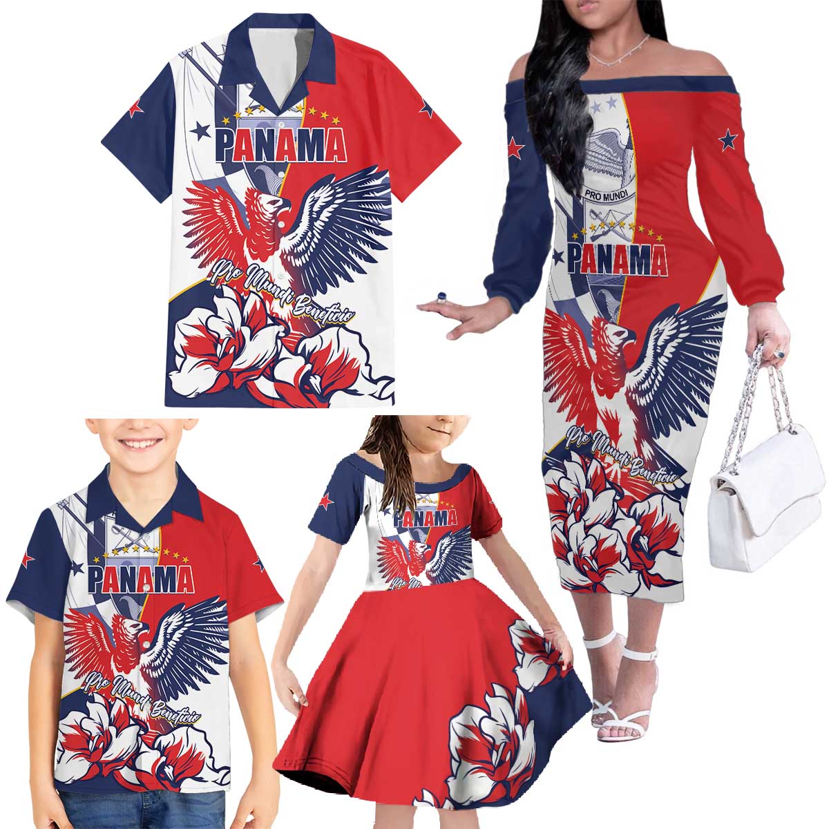 Personalized Panama Harpy Eagle Family Matching Off The Shoulder Long Sleeve Dress and Hawaiian Shirt Pro Mundi Beneficio Flor del Espiritu Santo - Wonder Print Shop