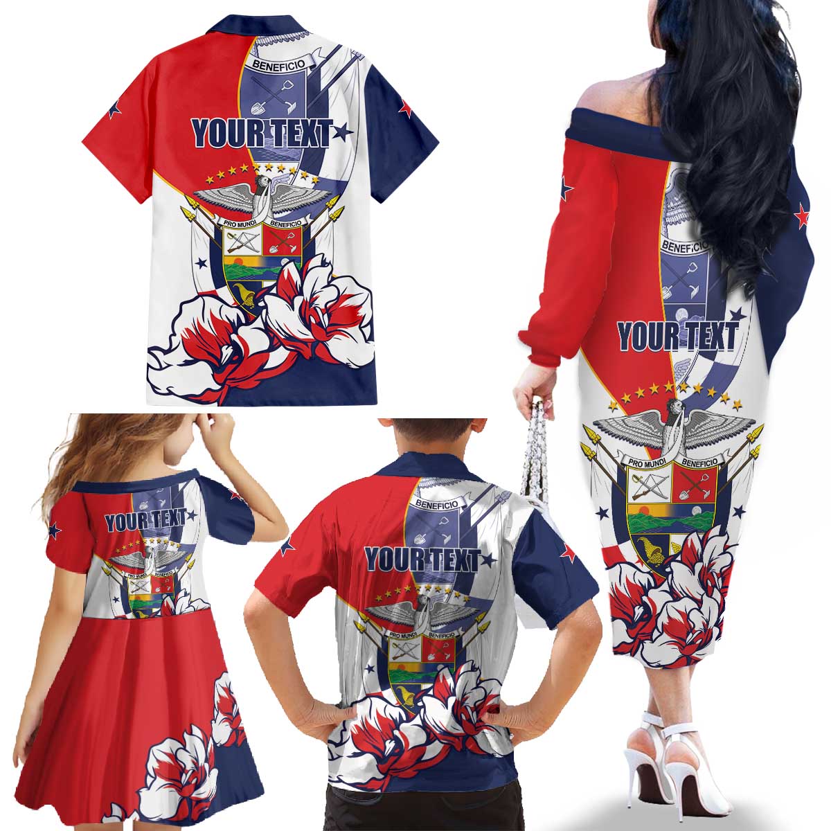 Personalized Panama Harpy Eagle Family Matching Off The Shoulder Long Sleeve Dress and Hawaiian Shirt Pro Mundi Beneficio Flor del Espiritu Santo - Wonder Print Shop