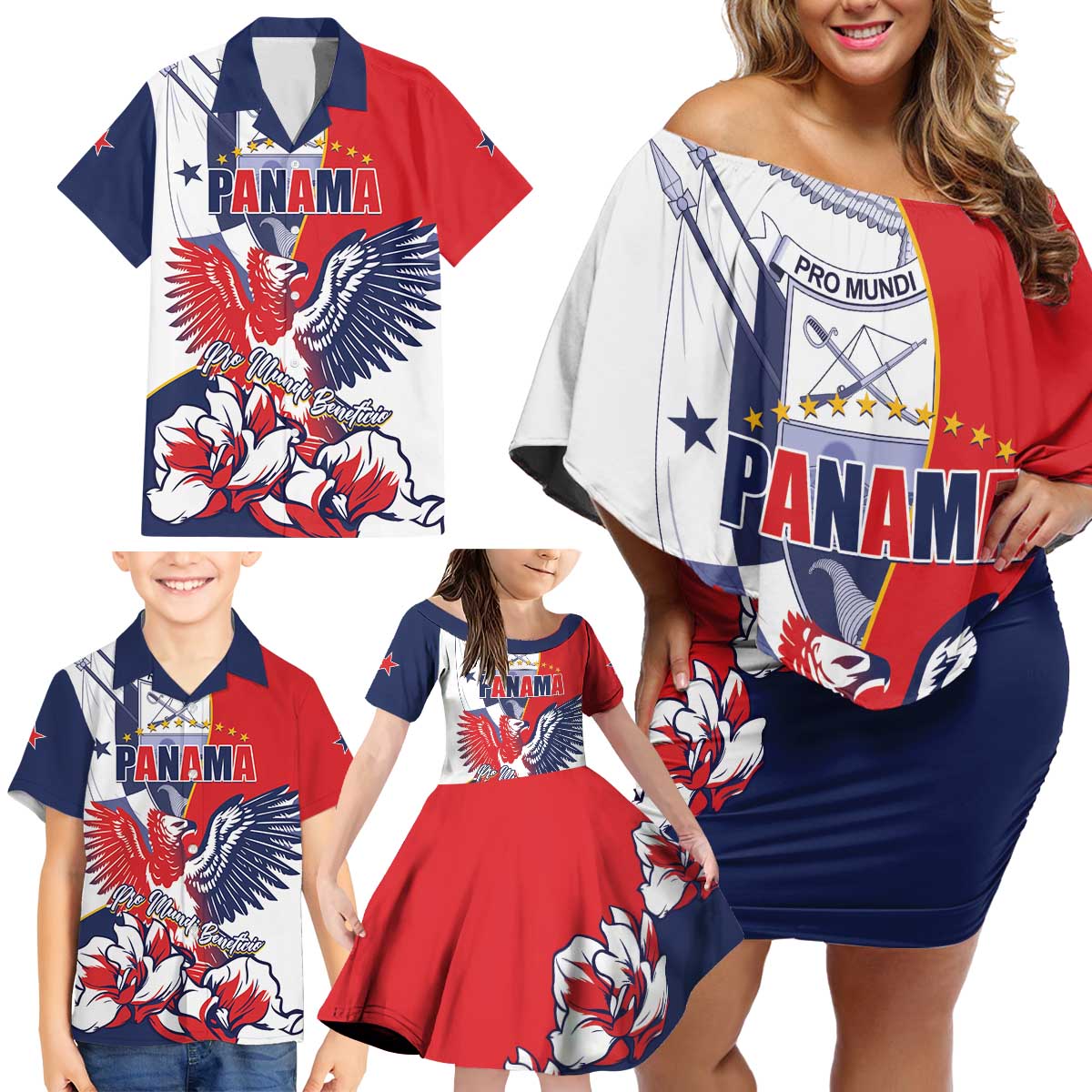 Personalized Panama Harpy Eagle Family Matching Off Shoulder Short Dress and Hawaiian Shirt Pro Mundi Beneficio Flor del Espiritu Santo - Wonder Print Shop