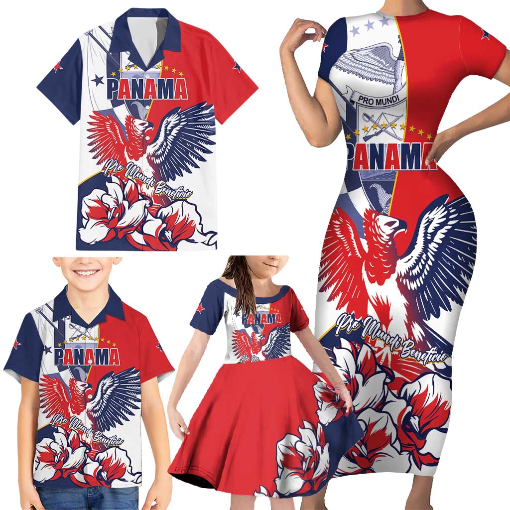 Personalized Panama Harpy Eagle Family Matching Short Sleeve Bodycon Dress and Hawaiian Shirt Pro Mundi Beneficio Flor del Espiritu Santo - Wonder Print Shop