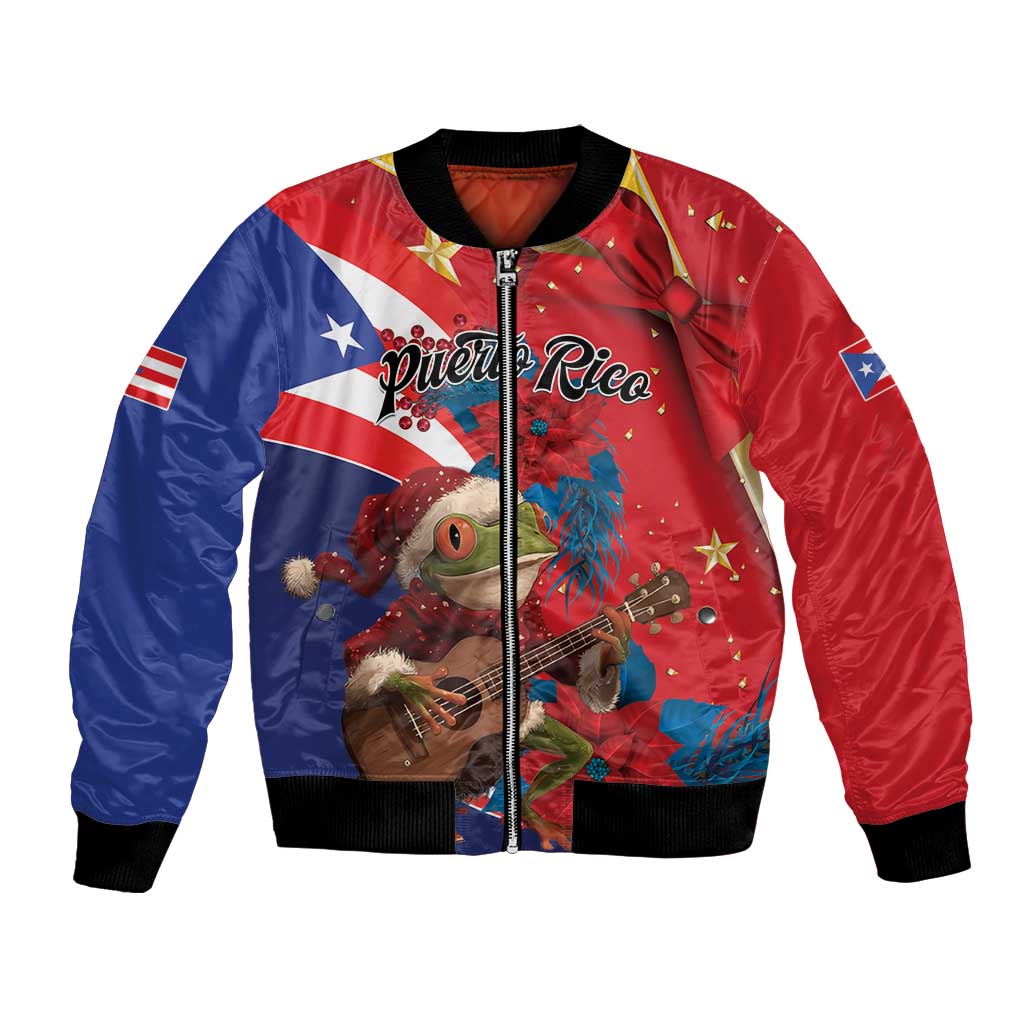 Personalized Puerto Rico Christmas Bomber Jacket Coqui Frog Playing Guitar - Wonder Print Shop