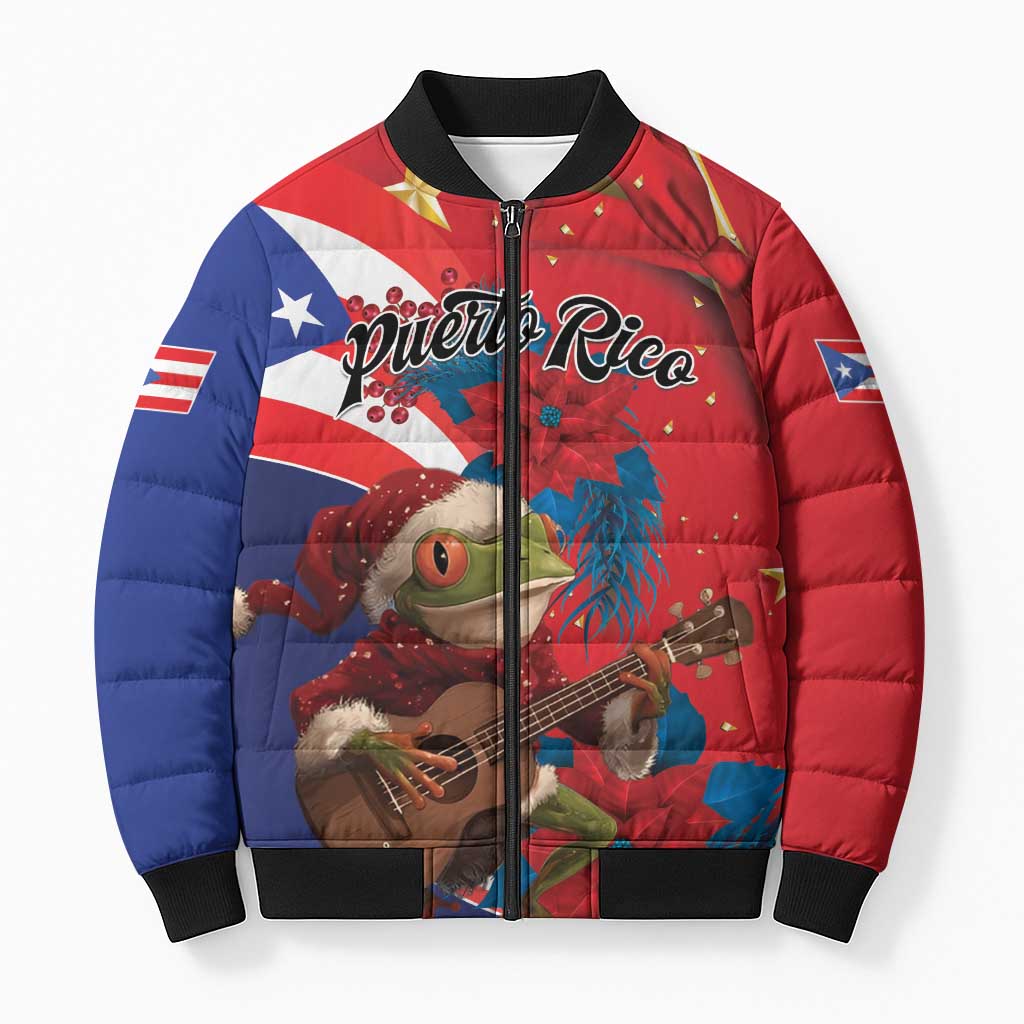Personalized Puerto Rico Christmas Bomber Puffer Jacket Coqui Frog Playing Guitar - Wonder Print Shop