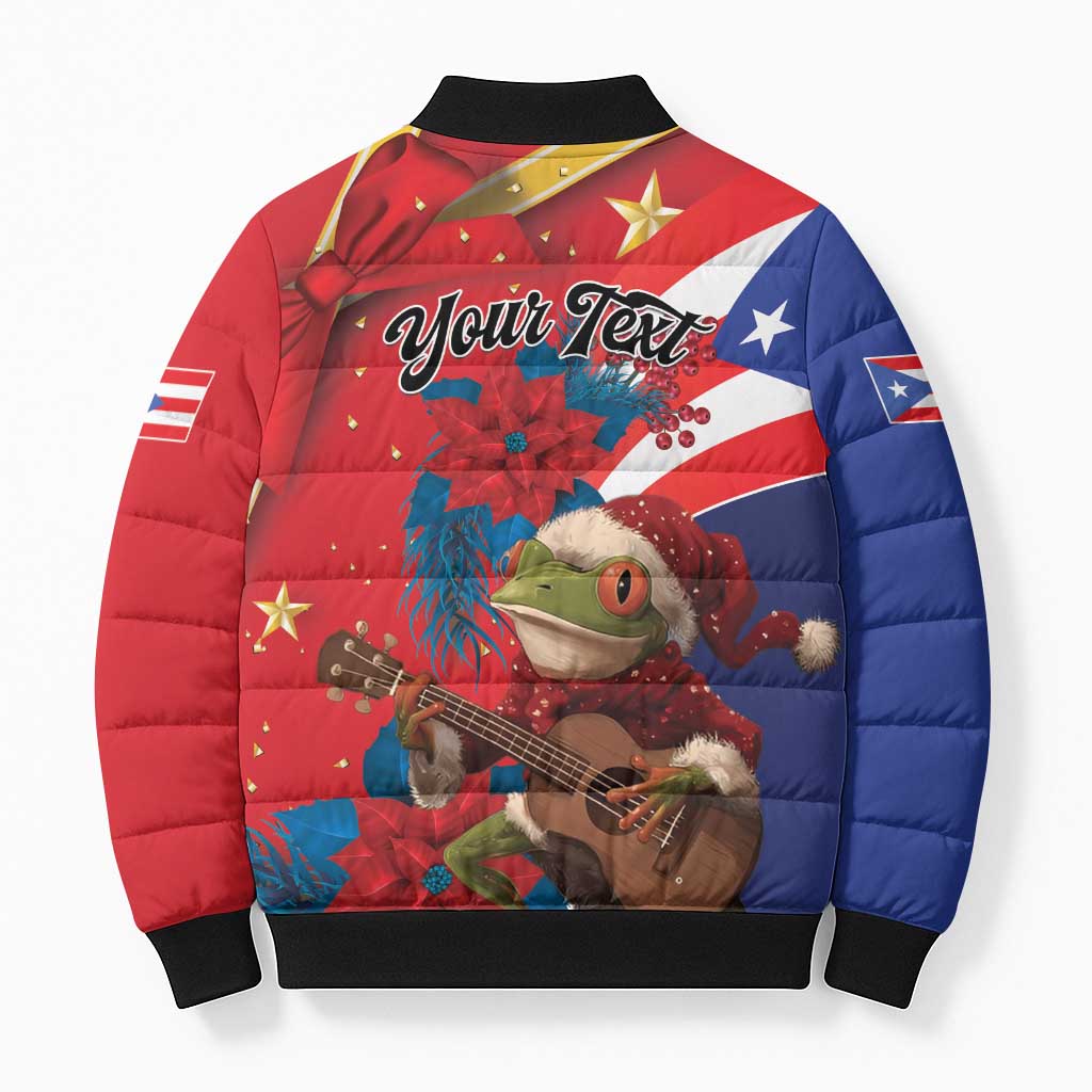 Personalized Puerto Rico Christmas Bomber Puffer Jacket Coqui Frog Playing Guitar - Wonder Print Shop