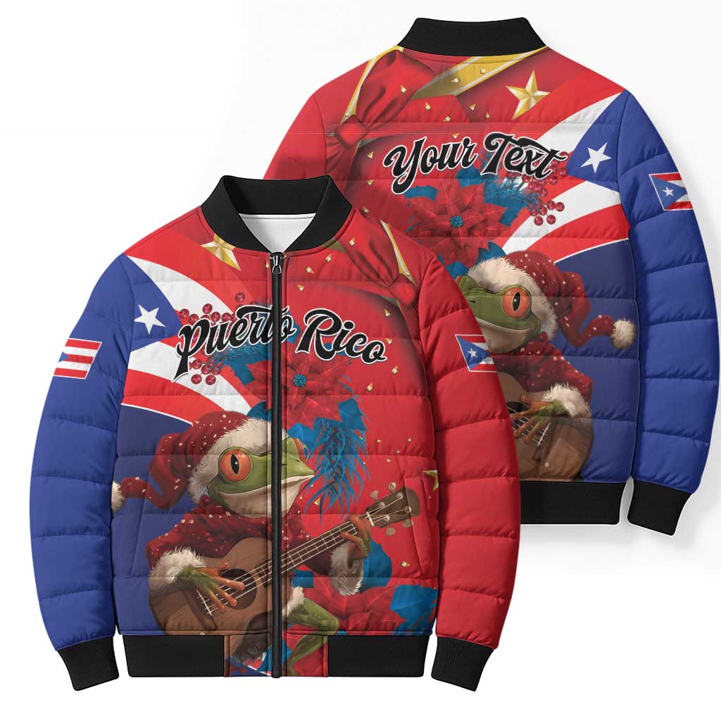 Personalized Puerto Rico Christmas Bomber Puffer Jacket Coqui Frog Playing Guitar - Wonder Print Shop