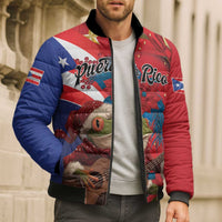 Personalized Puerto Rico Christmas Bomber Puffer Jacket Coqui Frog Playing Guitar - Wonder Print Shop