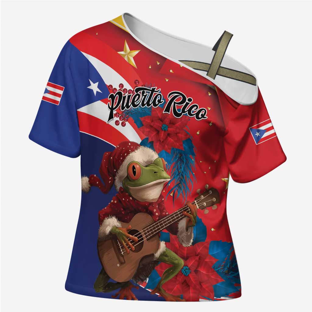 Personalized Puerto Rico Christmas Cross Shoulder Shirt Coqui Frog Playing Guitar - Wonder Print Shop