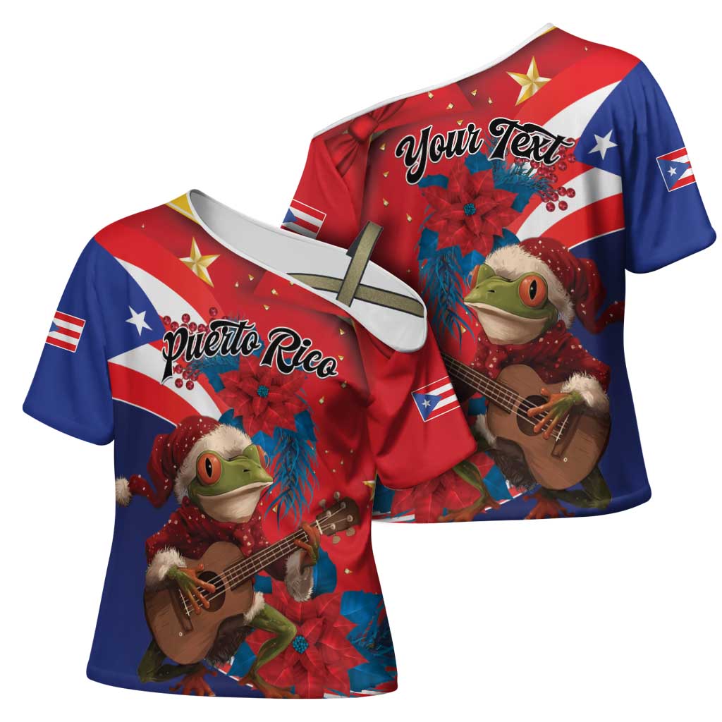 Personalized Puerto Rico Christmas Cross Shoulder Shirt Coqui Frog Playing Guitar - Wonder Print Shop