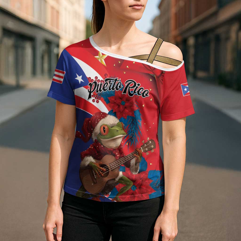 Personalized Puerto Rico Christmas Cross Shoulder Shirt Coqui Frog Playing Guitar - Wonder Print Shop